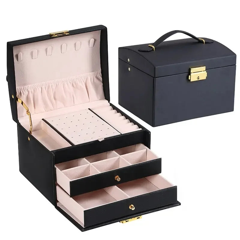 Multi Functional Three Layer Leather Jewelry Box