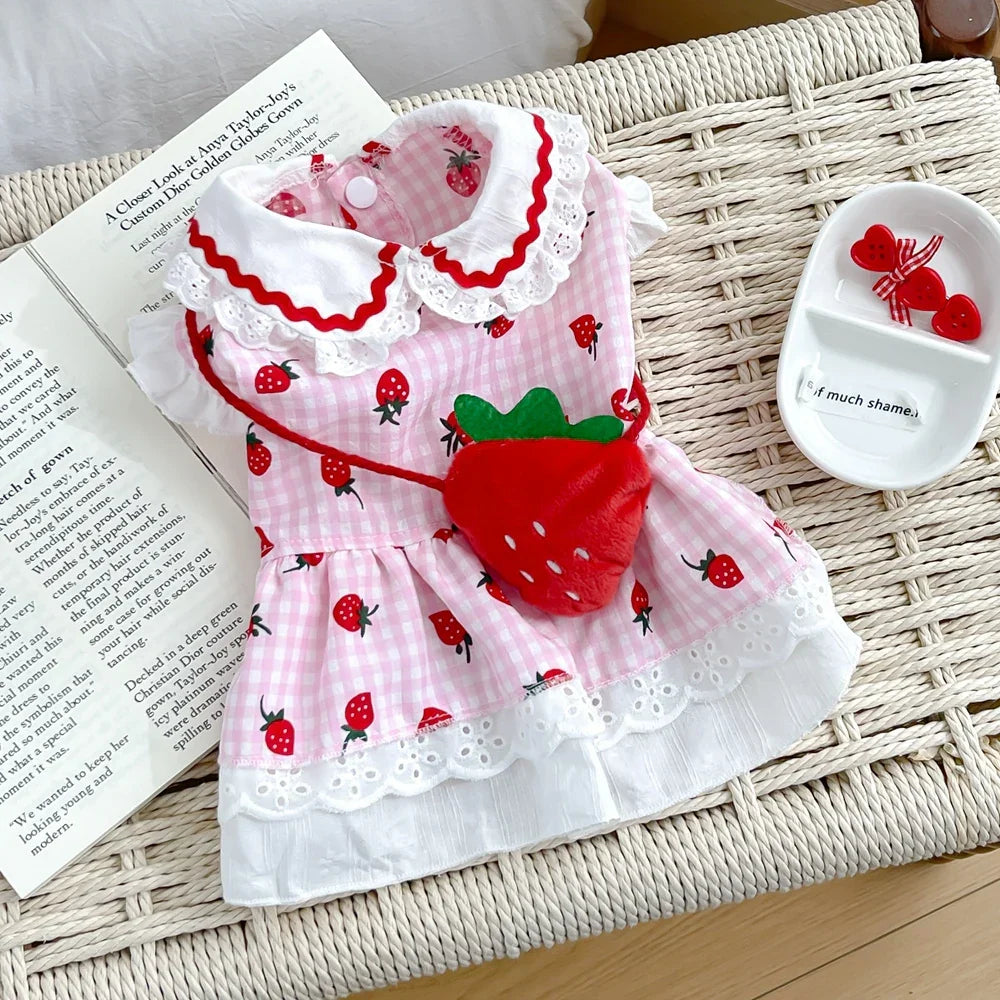 Cute Plaid Female Girl Puppy Strawberry Dress