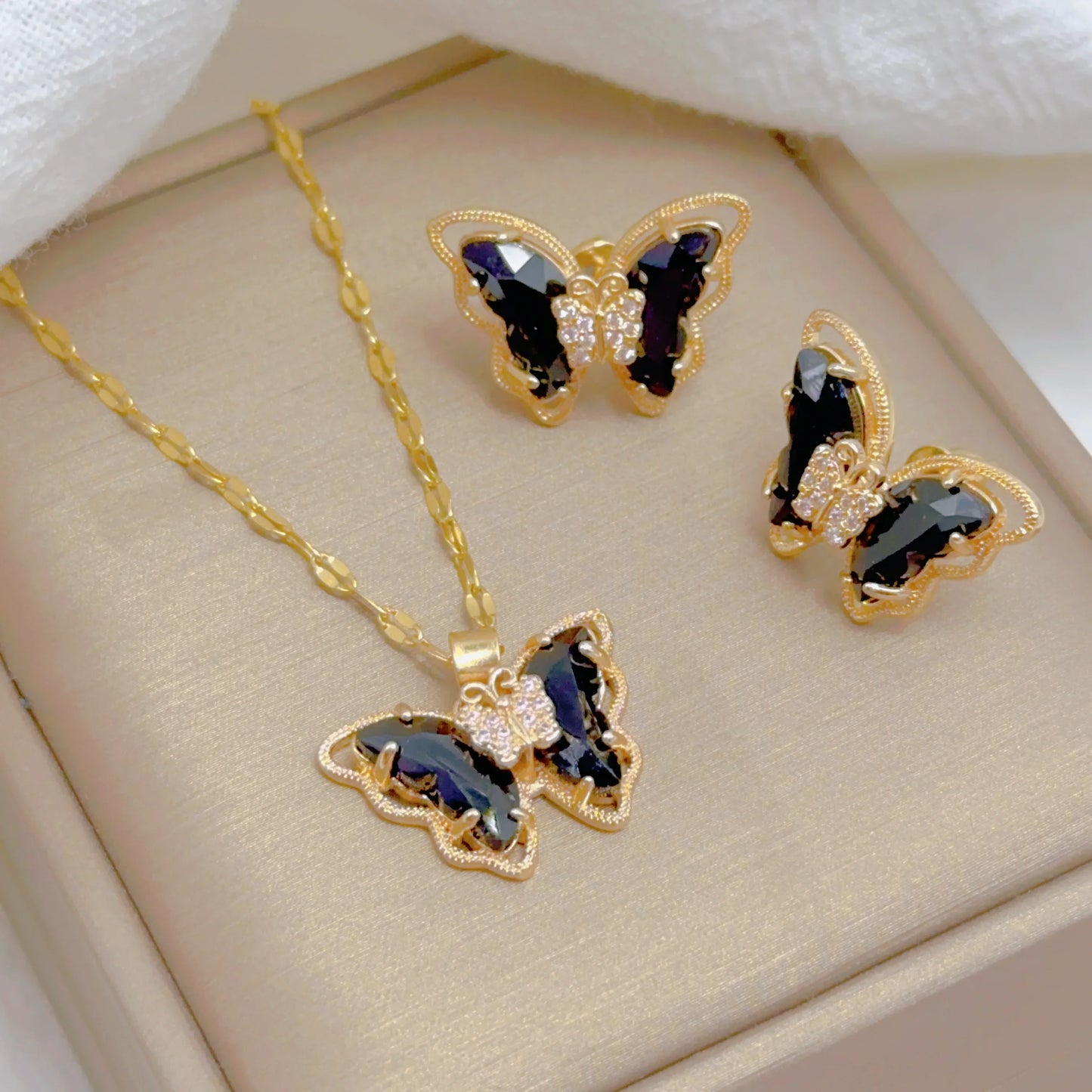 Cute Micro-inlaid Butterfly Necklace Earrings Set