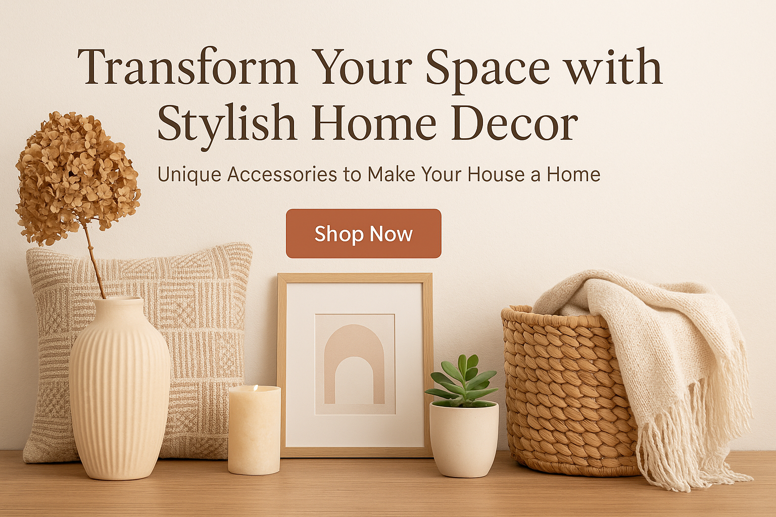 Home decor items including a vase, candle, framed art, and basket on a wooden surface with a beige wall in the background.
