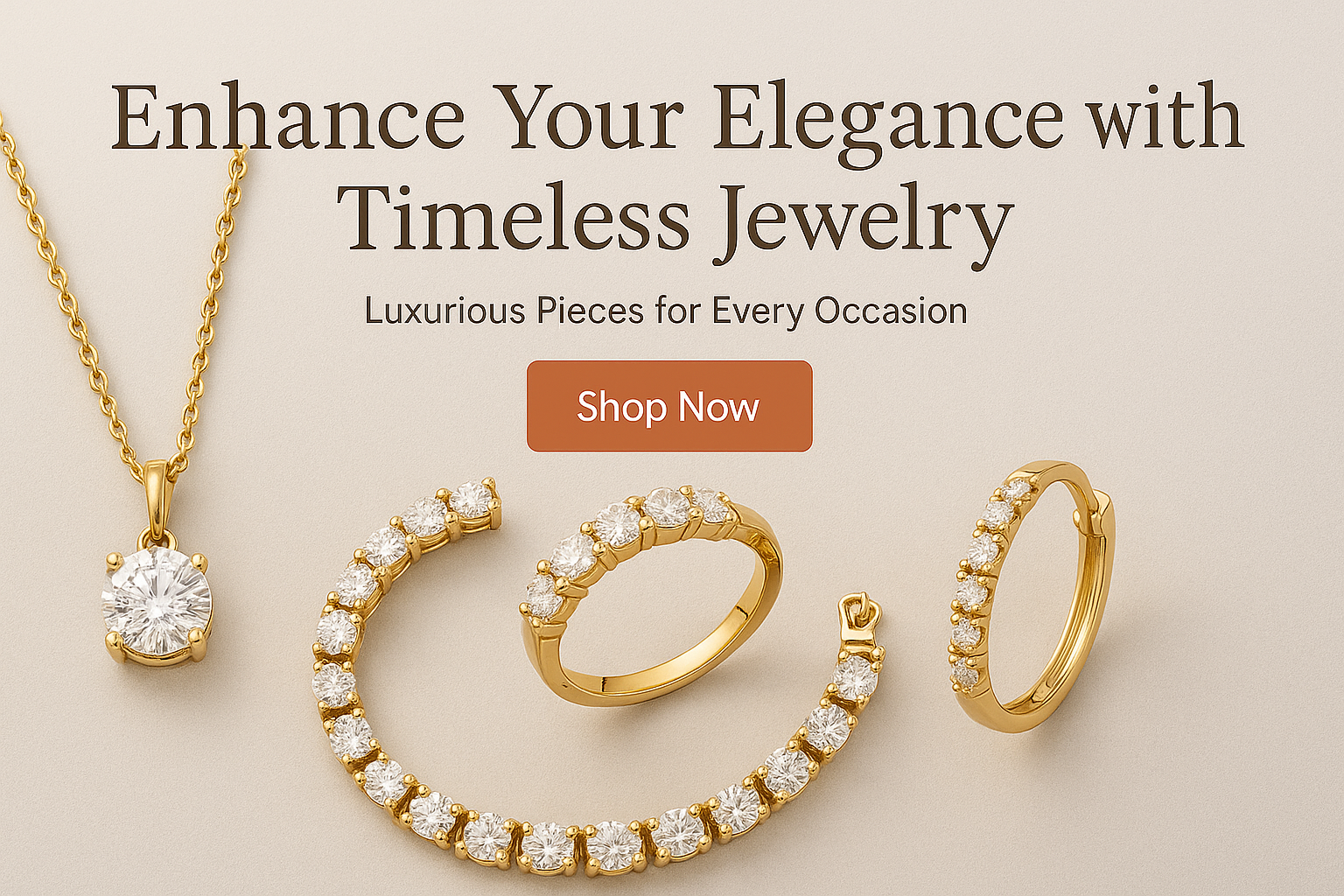 Gold jewelry set including necklace, ring, and bracelet with promotional text on a beige background
