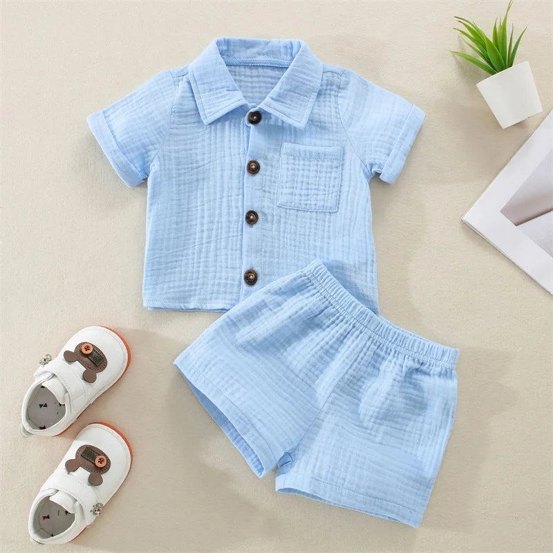 Solid Short Sleeve Pocket Button Down Lapel Shirt + Shorts
