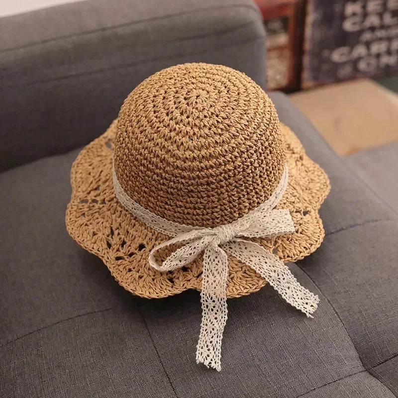 Summer Straw Bow Lace Baby Hat