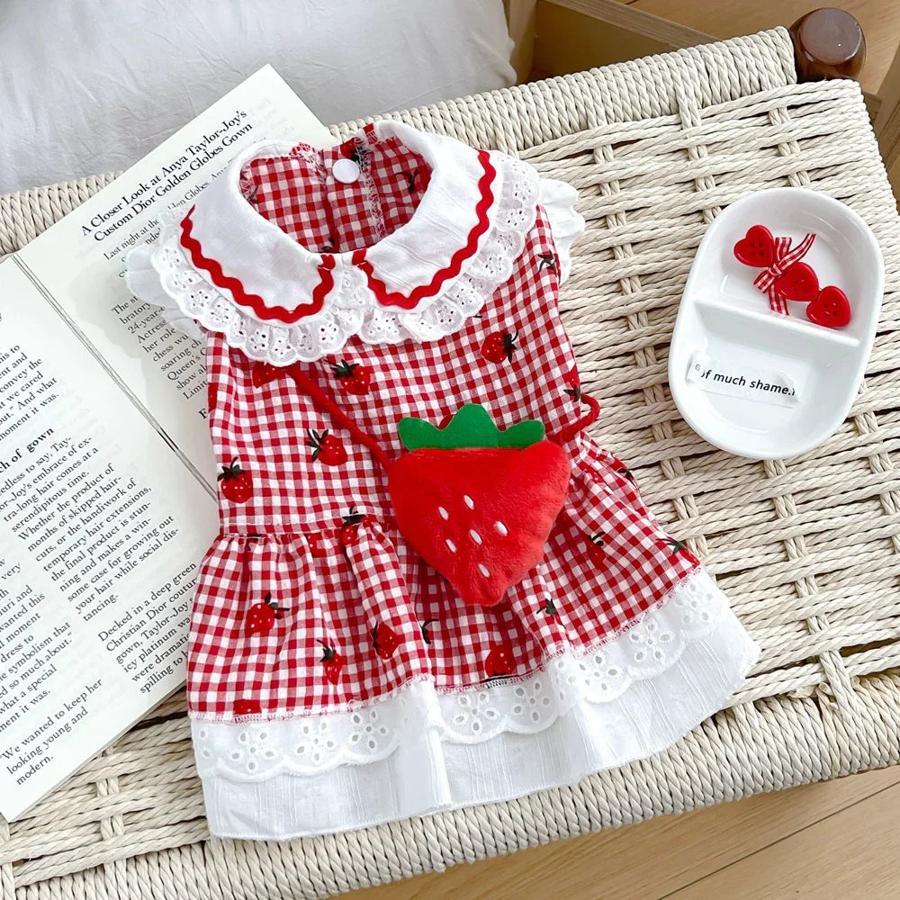 Cute Plaid Female Girl Puppy Strawberry Dress