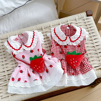 Cute Plaid Female Girl Puppy Strawberry Dress