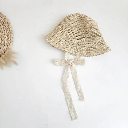 Summer Straw Bow Lace Baby Hat