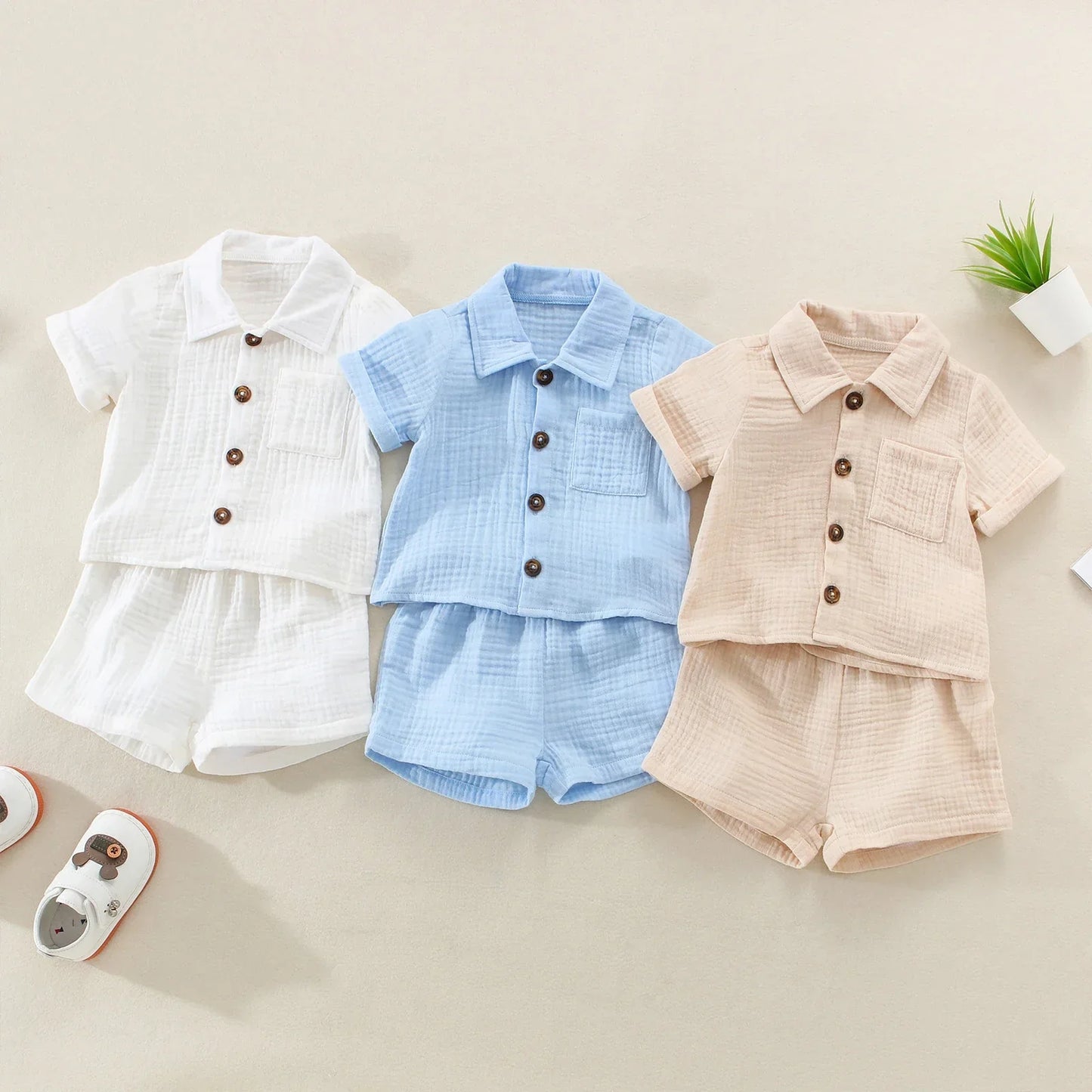Solid Short Sleeve Pocket Button Down Lapel Shirt + Shorts