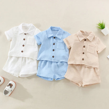Solid Short Sleeve Pocket Button Down Lapel Shirt + Shorts