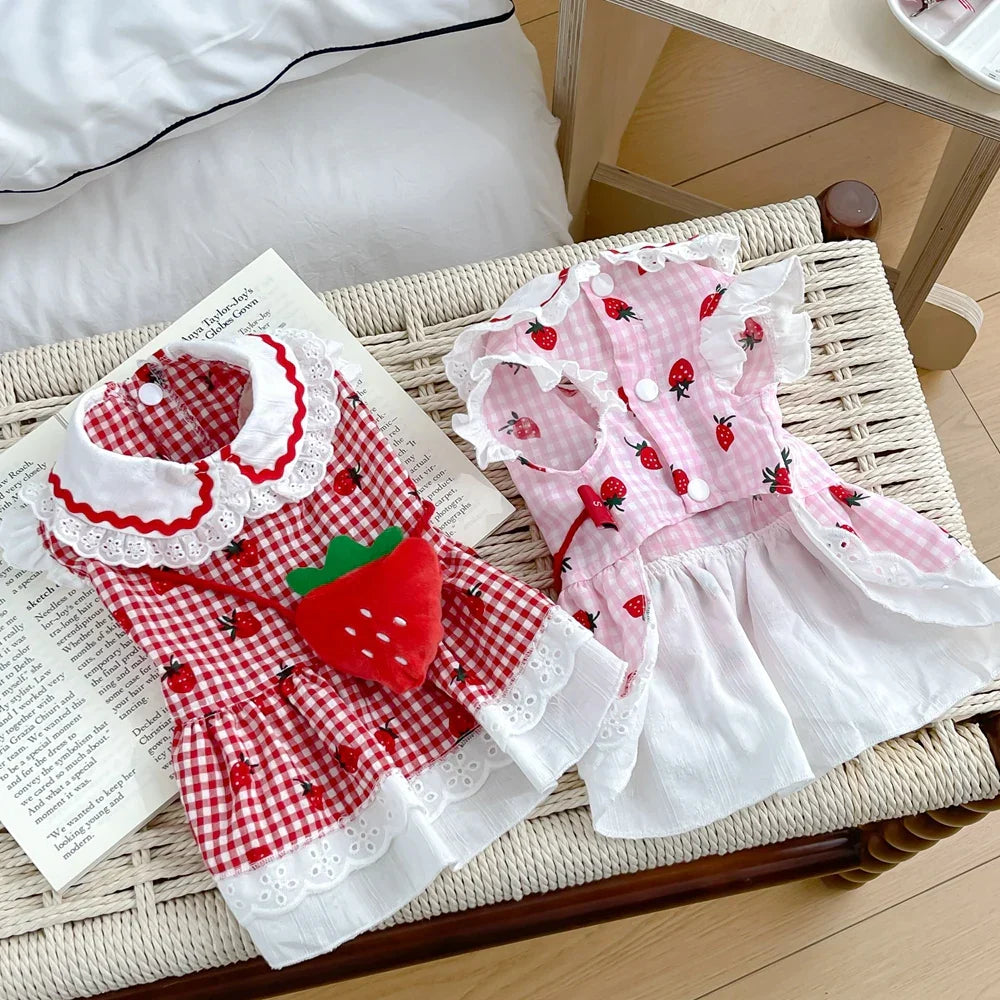 Cute Plaid Female Girl Puppy Strawberry Dress