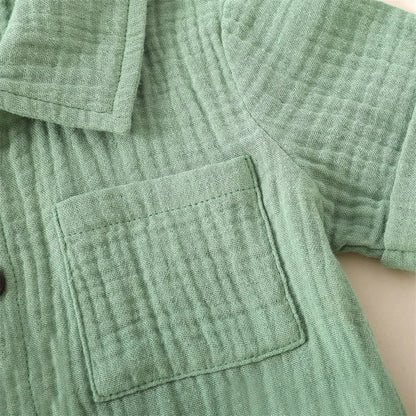 Solid Short Sleeve Pocket Button Down Lapel Shirt + Shorts