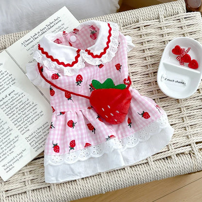 Cute Plaid Female Girl Puppy Strawberry Dress