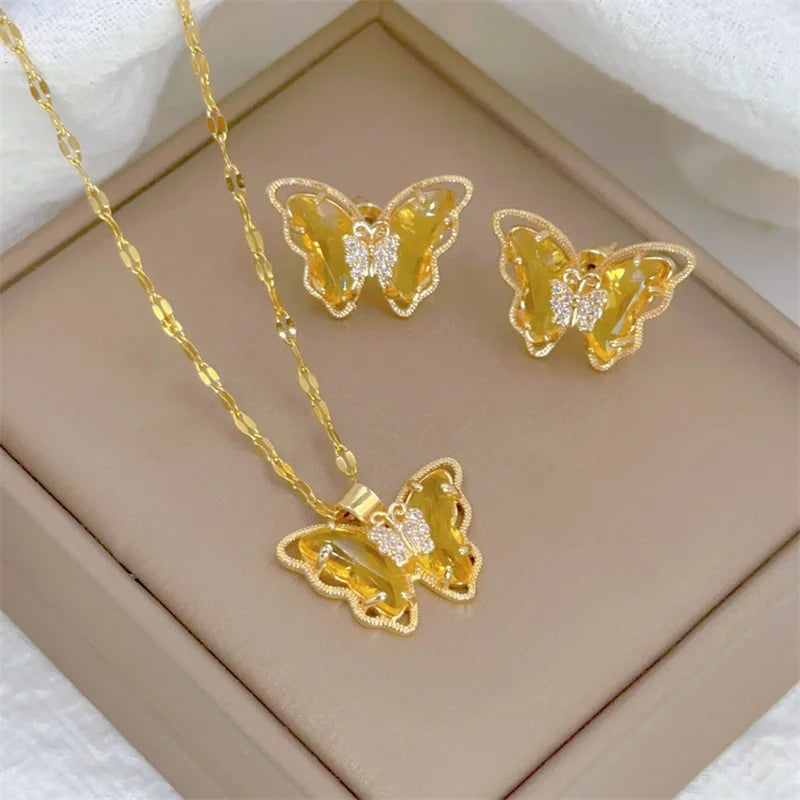 Cute Micro-inlaid Butterfly Necklace Earrings Set