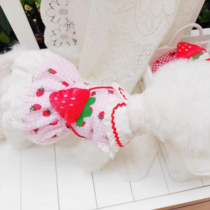 Cute Plaid Female Girl Puppy Strawberry Dress
