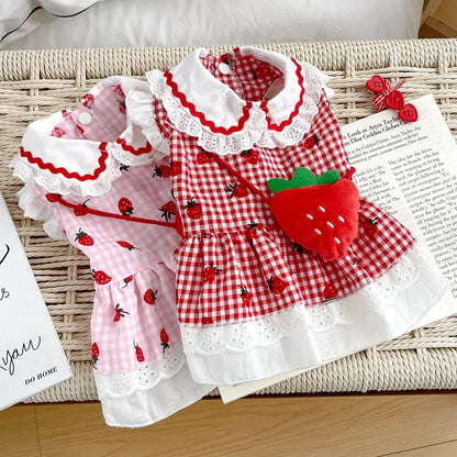 Cute Plaid Female Girl Puppy Strawberry Dress